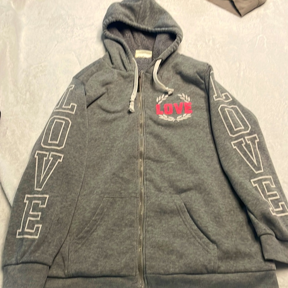 Fleece lined grey love zip up hoodie